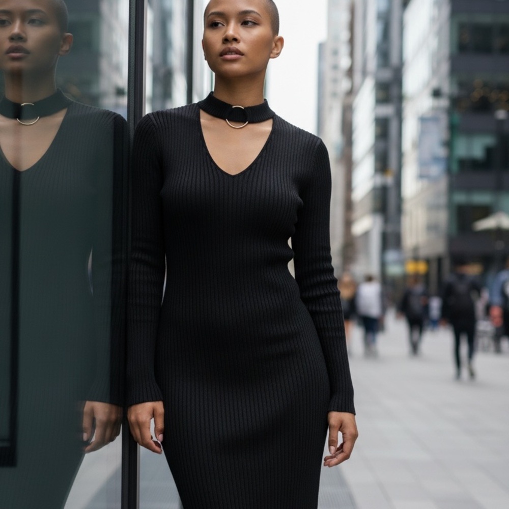 Say What? Black Ribbed Long Sleeve Midi Dress with O-Ring Detail